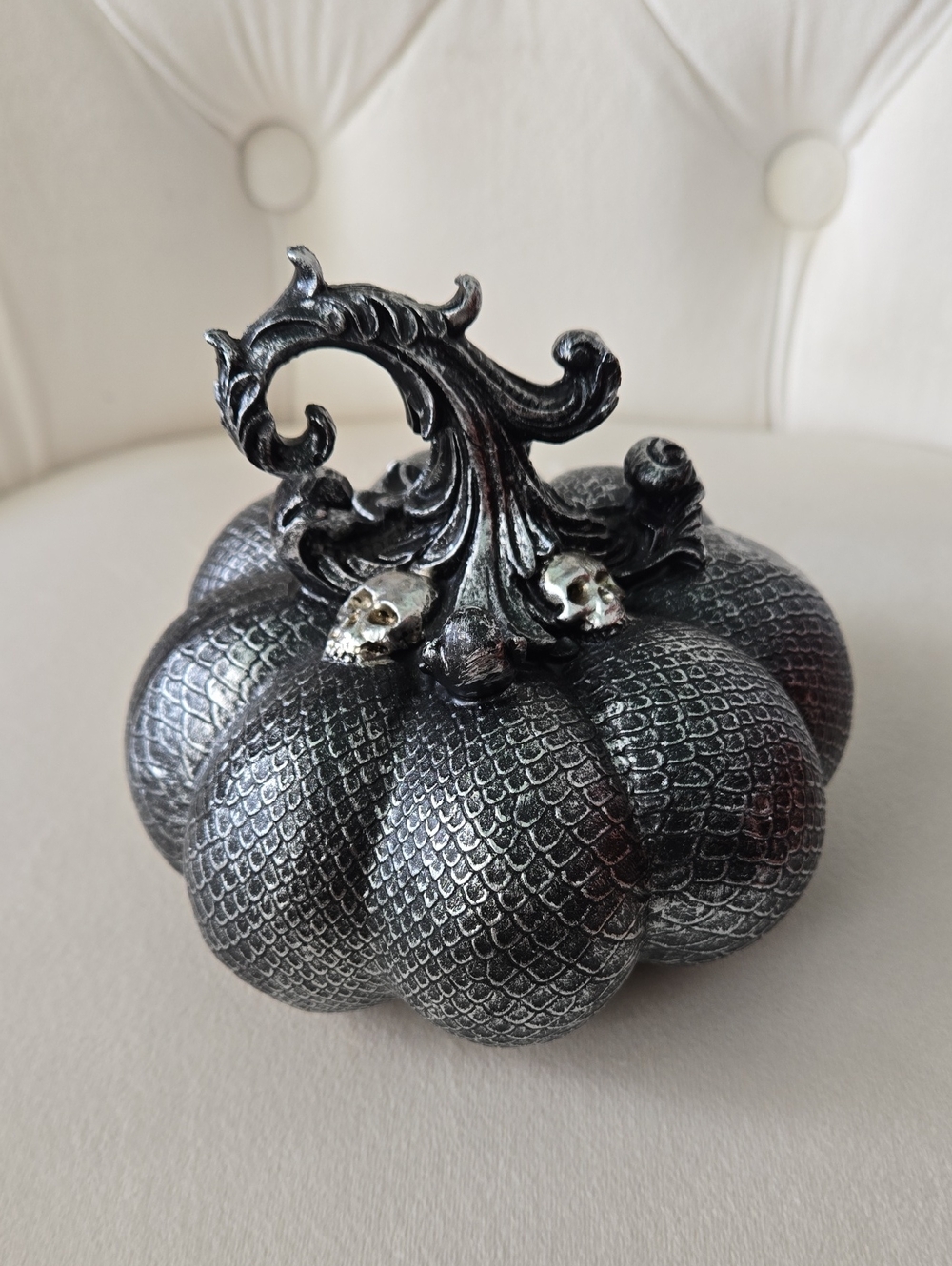 At Home Halloween Ornate Black Metallic Pumpkin W/ Silver Skull Details, NWT